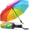 Picture of Windproof Travel Umbrella with Teflon Coating  Golf Umbrella Windproof - Oversized 54inch Double Layer Rainbow 10Ribs Folding Travel Umbrella Compact Auto Open Close for Rain